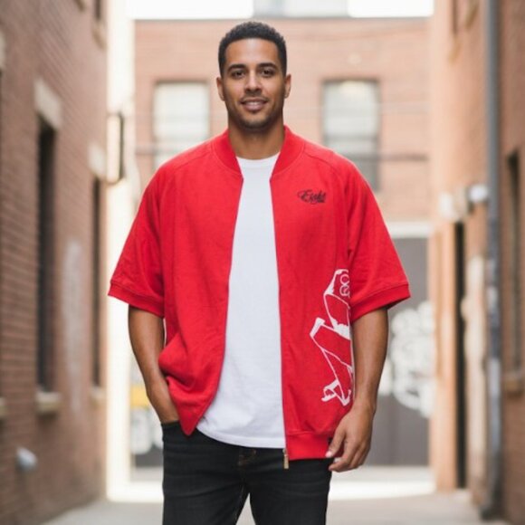 Eight 732 Jacket Mens Red Detailed Design Short Sleeve Full Zip Retro XL - Picture 1 of 12